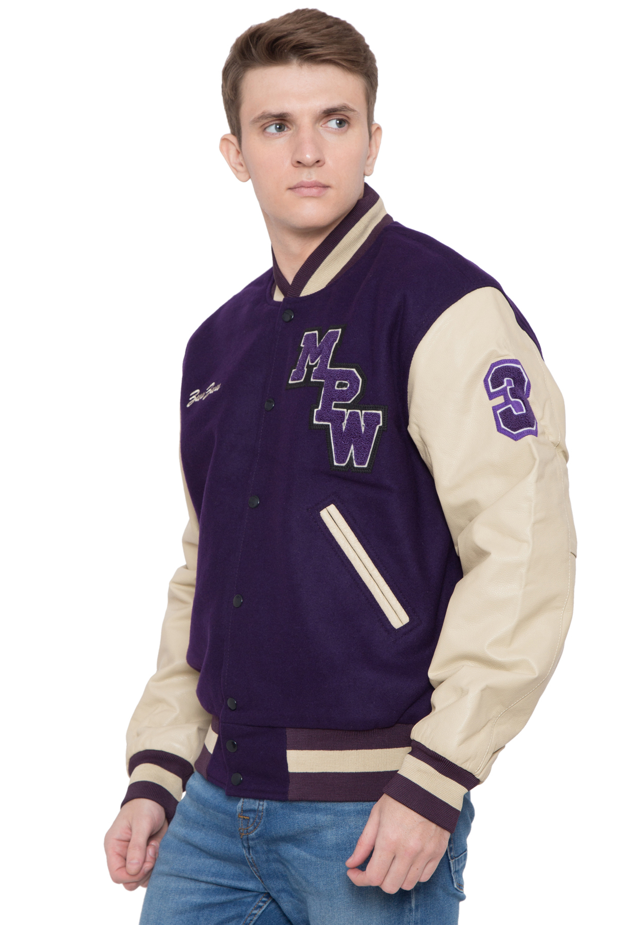 Purple Off White Wool Leather Letterman Jacket