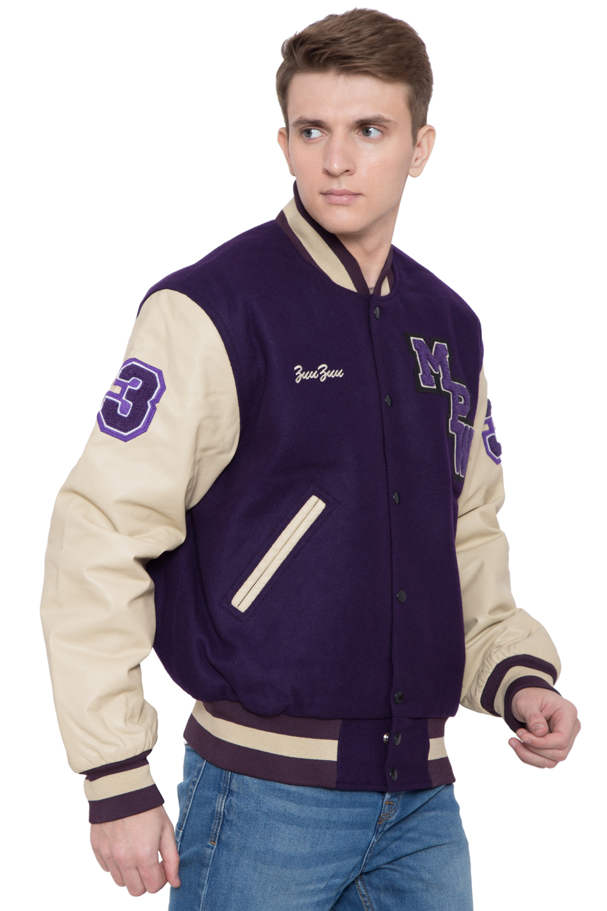 Purple Off White Wool Leather Letterman Jacket