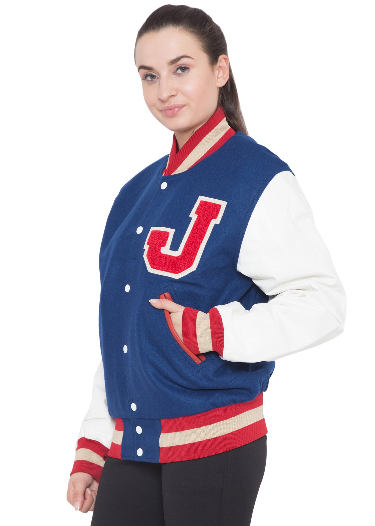 Varsity Letterman Jacket - Melton Wool, Blue White Color | Diamond Quilted Lining, Complete Snap Front Closure, Detachable Hood, Three Pockets, Custom Sizes