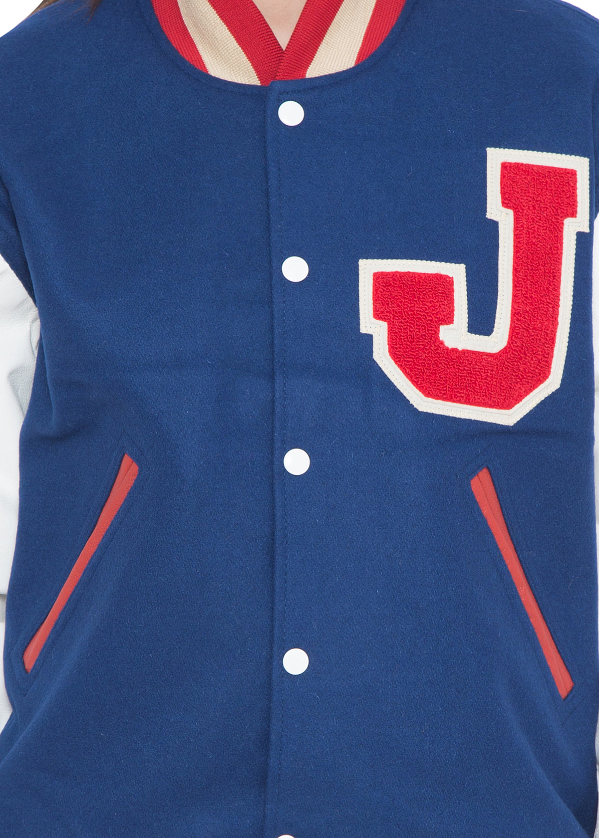 Varsity Letterman Jacket - Melton Wool, Blue White Color | Diamond Quilted Lining, Complete Snap Front Closure, Detachable Hood, Three Pockets, Custom Sizes
