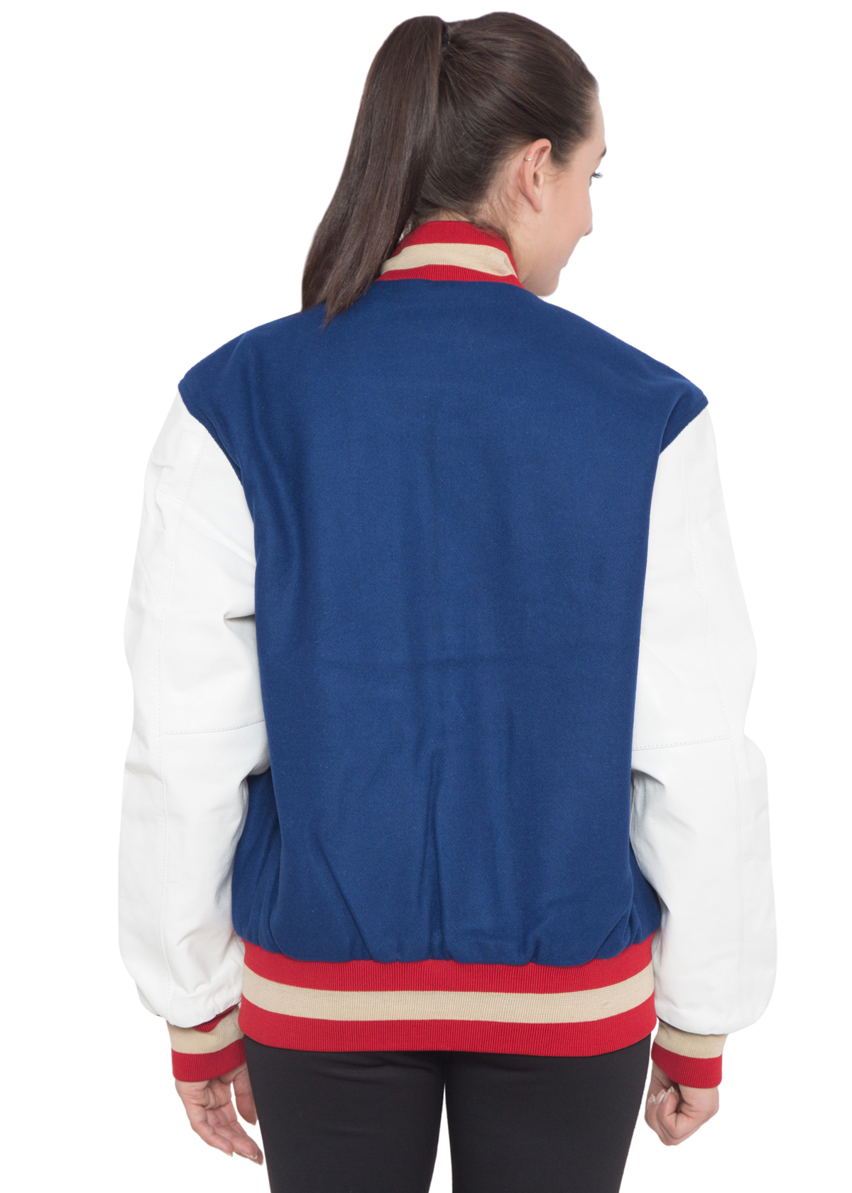 Varsity Letterman Jacket - Melton Wool, Blue White Color | Diamond Quilted Lining, Complete Snap Front Closure, Detachable Hood, Three Pockets, Custom Sizes