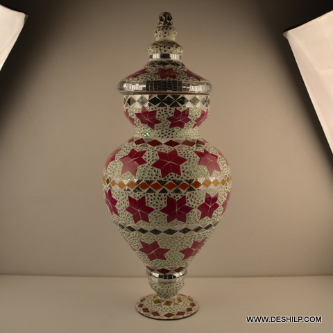 Red And White Glass Mosaic Bigger Jar With Lid