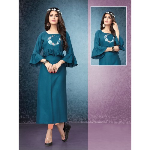 Silk Cotton Ethnic Kurta - Bust Size 36-44 Inches, Length 40-49 Inches | Navy Blue, Embroidered Pattern, 3/4 Sleeve, Lace Decoration