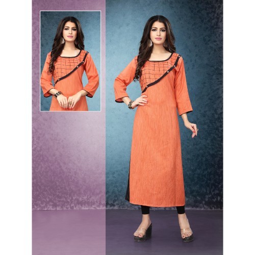 Silk Cotton Ethnic Kurta - Bust Size 36-44 Inches, Length 40-49 Inches | Navy Blue, Embroidered Pattern, 3/4 Sleeve, Lace Decoration