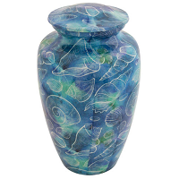 Beautiful Large Palm Trees Cremation Urn - Aluminum, 10.5" High X 6" Diameter | Vibrant Beach Scene, Navy Velvet Storage Bag, Holds Ashes Up To 190 Lbs.