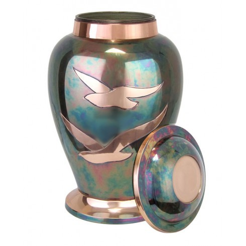 Rose Raku Brass Cremation Urn - 10 1/2" Tall, 220 Cubic Inches | Handcrafted Metal With Artistic Green & Gold Finish, Engraved Rose Design