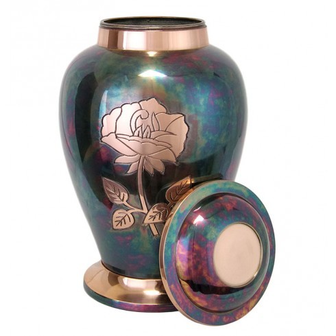 Rose Raku Brass Cremation Urn - 10 1/2" Tall, 220 Cubic Inches | Handcrafted Metal With Artistic Green & Gold Finish, Engraved Rose Design