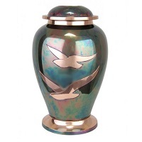 Rose Raku Brass Cremation Urn - 10 1/2" Tall, 220 Cubic Inches | Handcrafted Metal With Artistic Green & Gold Finish, Engraved Rose Design