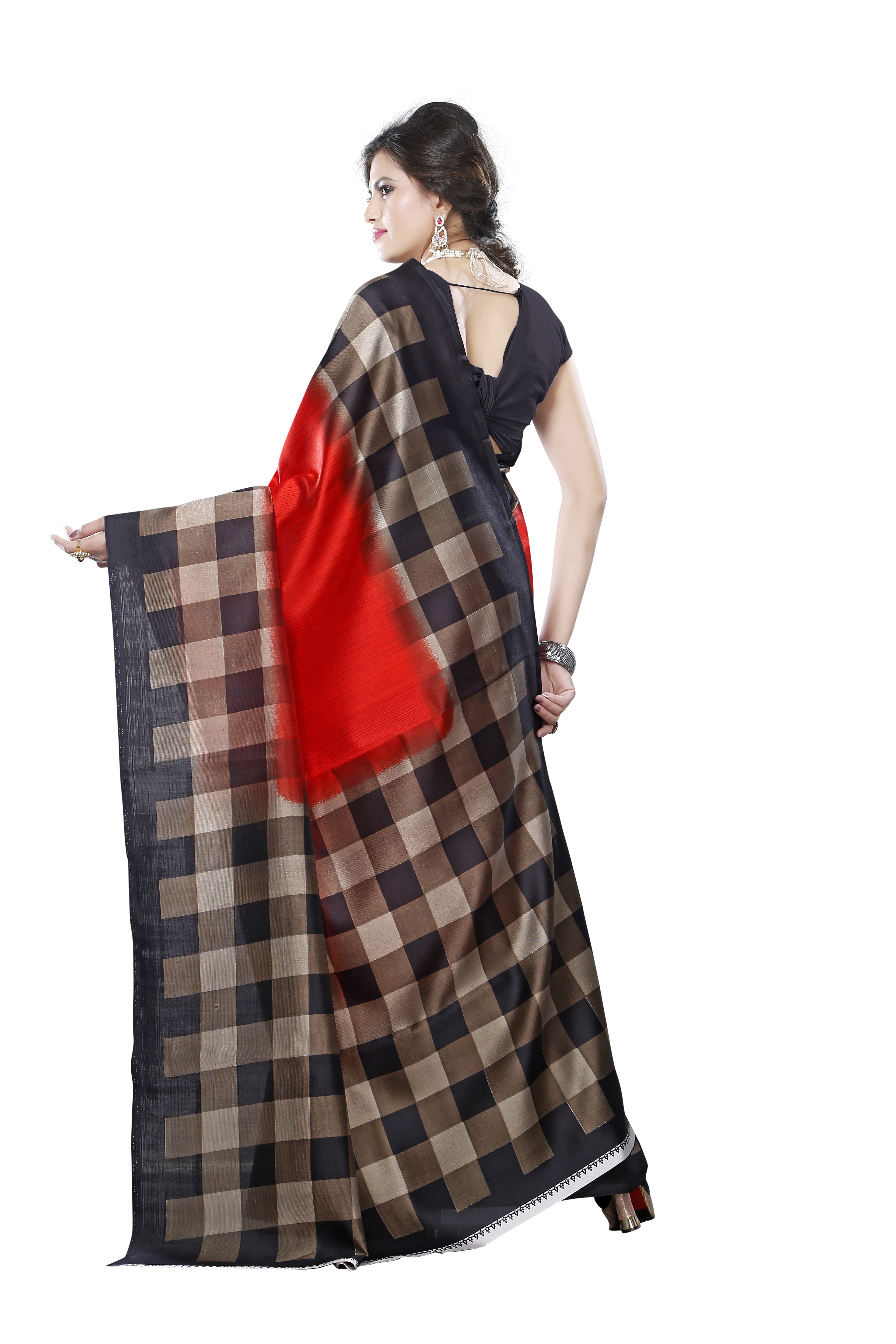 Checks Design Printed Silk Saree - Silk Material, 5.5 Mtr Length, Blouse 0.8 Mtr | Colorful Patterns In Red, Yellow, Brown, Orange, Green, Art Silk Finish