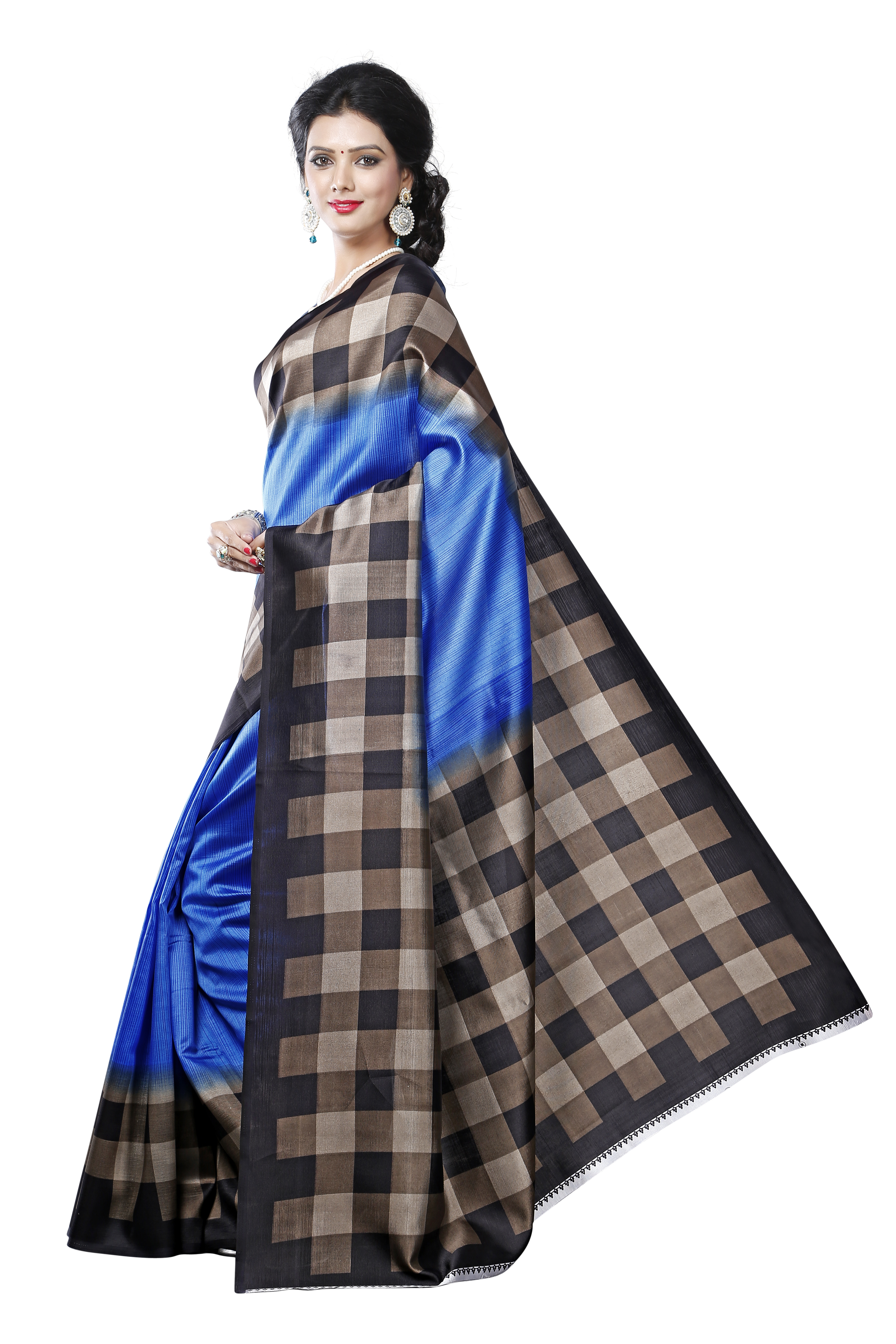 Checks Design Printed Silk Saree - Silk Material, 5.5 Mtr Length, Blouse 0.8 Mtr | Colorful Patterns In Red, Yellow, Brown, Orange, Green, Art Silk Finish