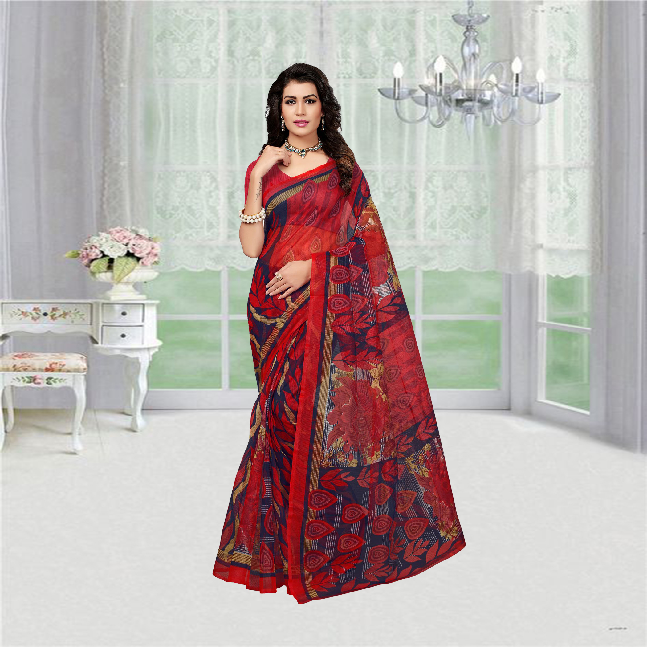 Pink Fancy Printed Super Net Saree