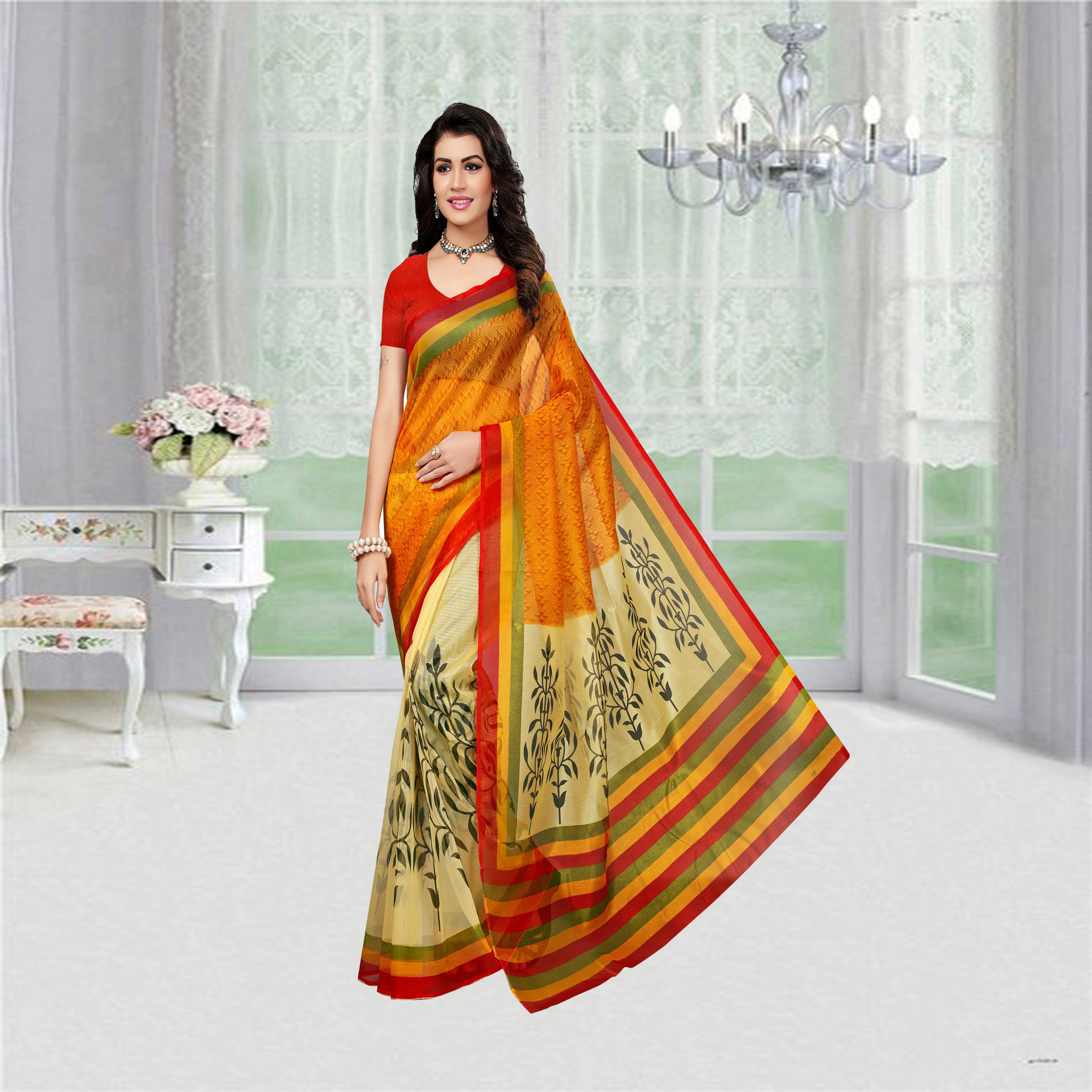 Pink Fancy Printed Super Net Saree