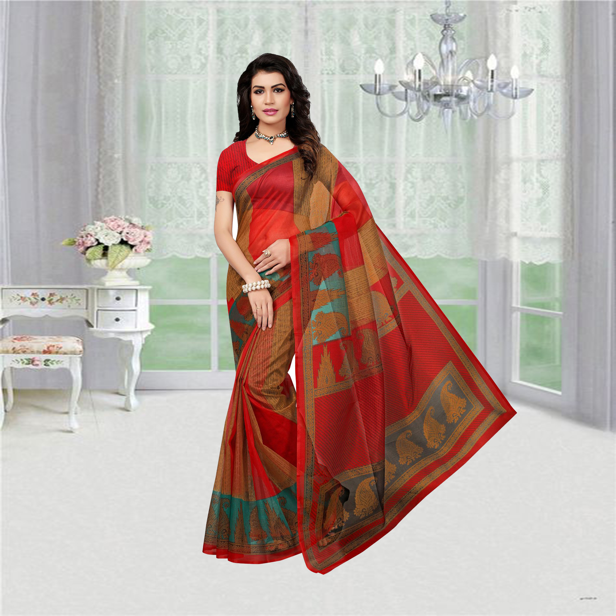 Pink Fancy Printed Super Net Saree