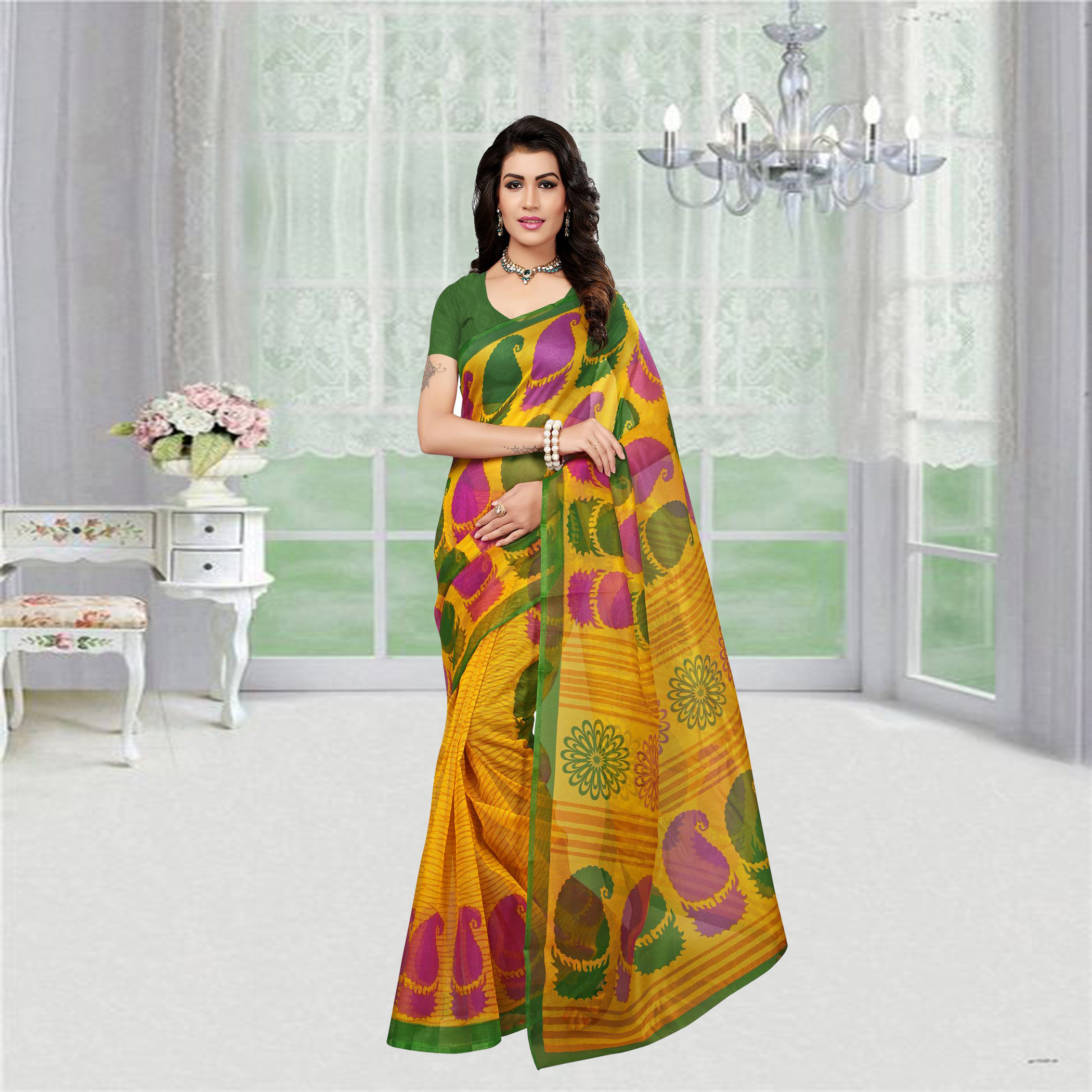 Pink Fancy Printed Super Net Saree