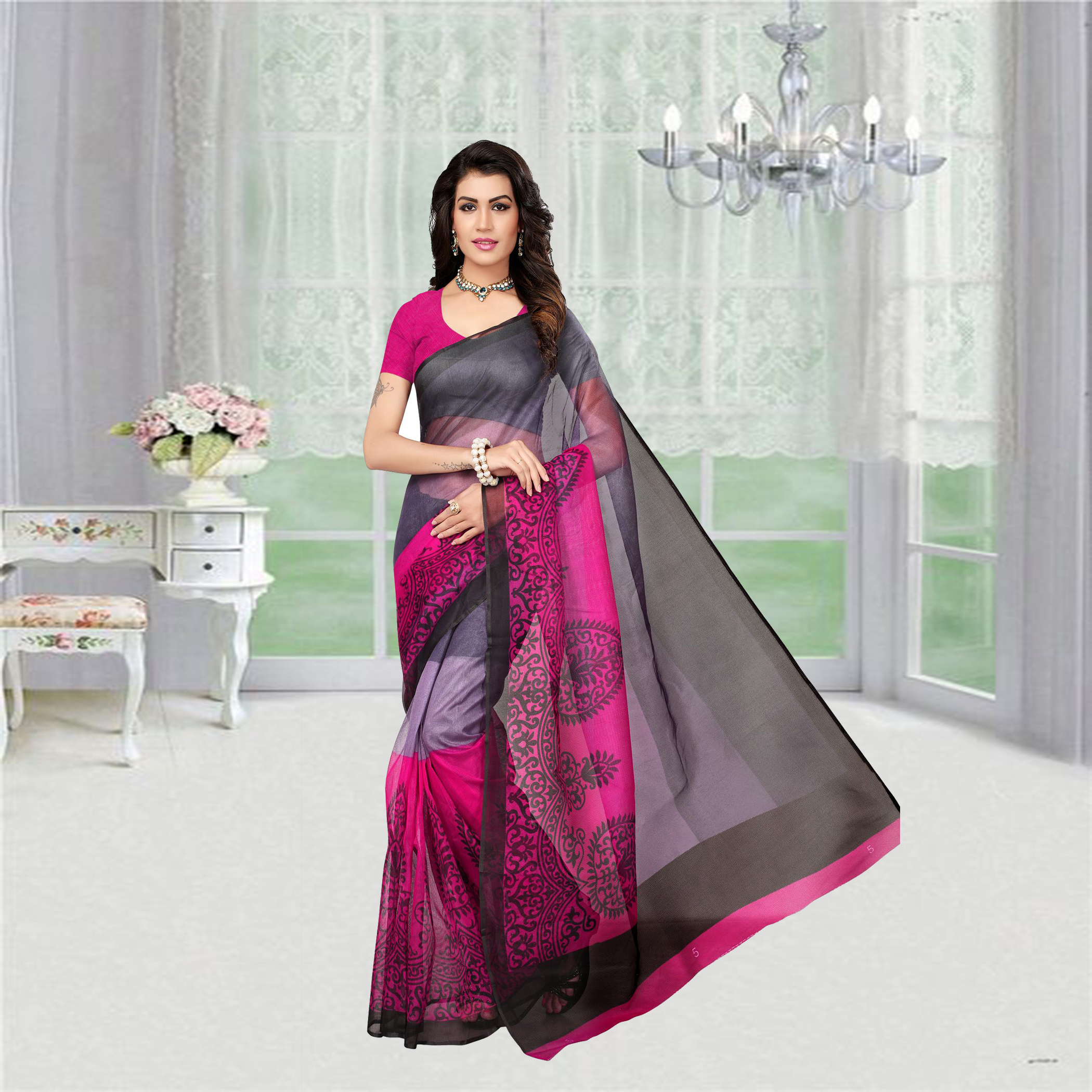 Green And Blue Printed Super Net Saree
