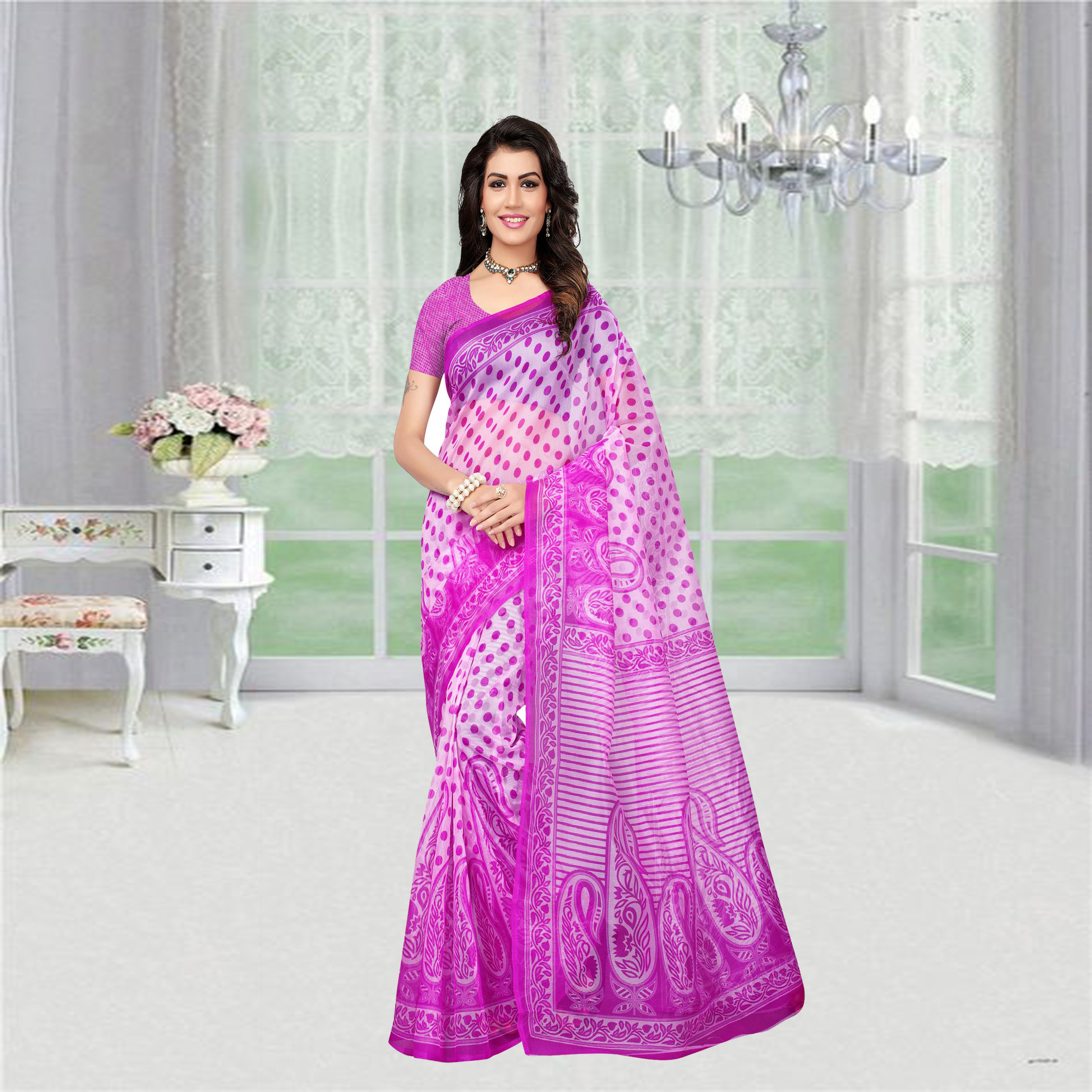 Green And Blue Printed Super Net Saree