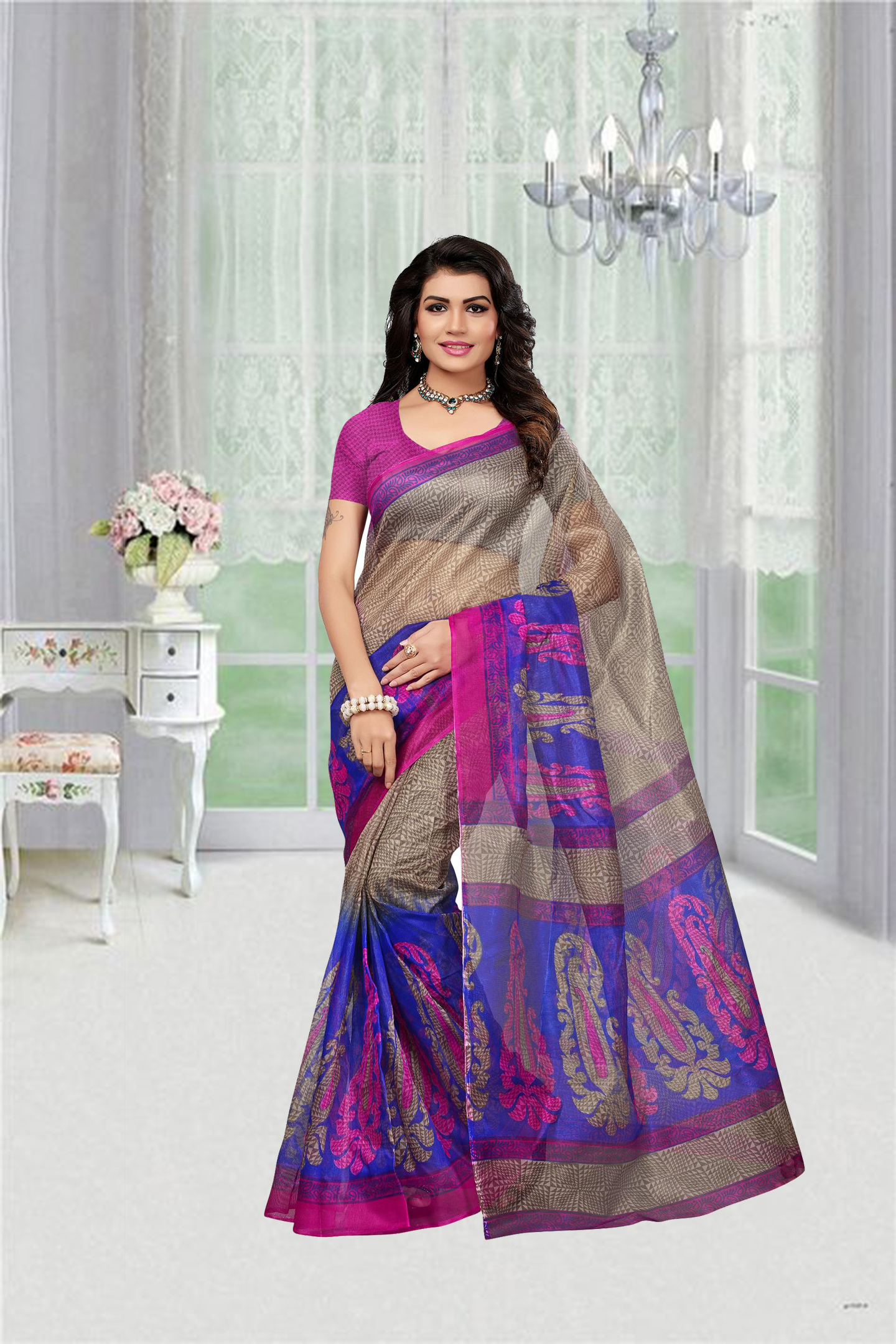 Green And Blue Printed Super Net Saree