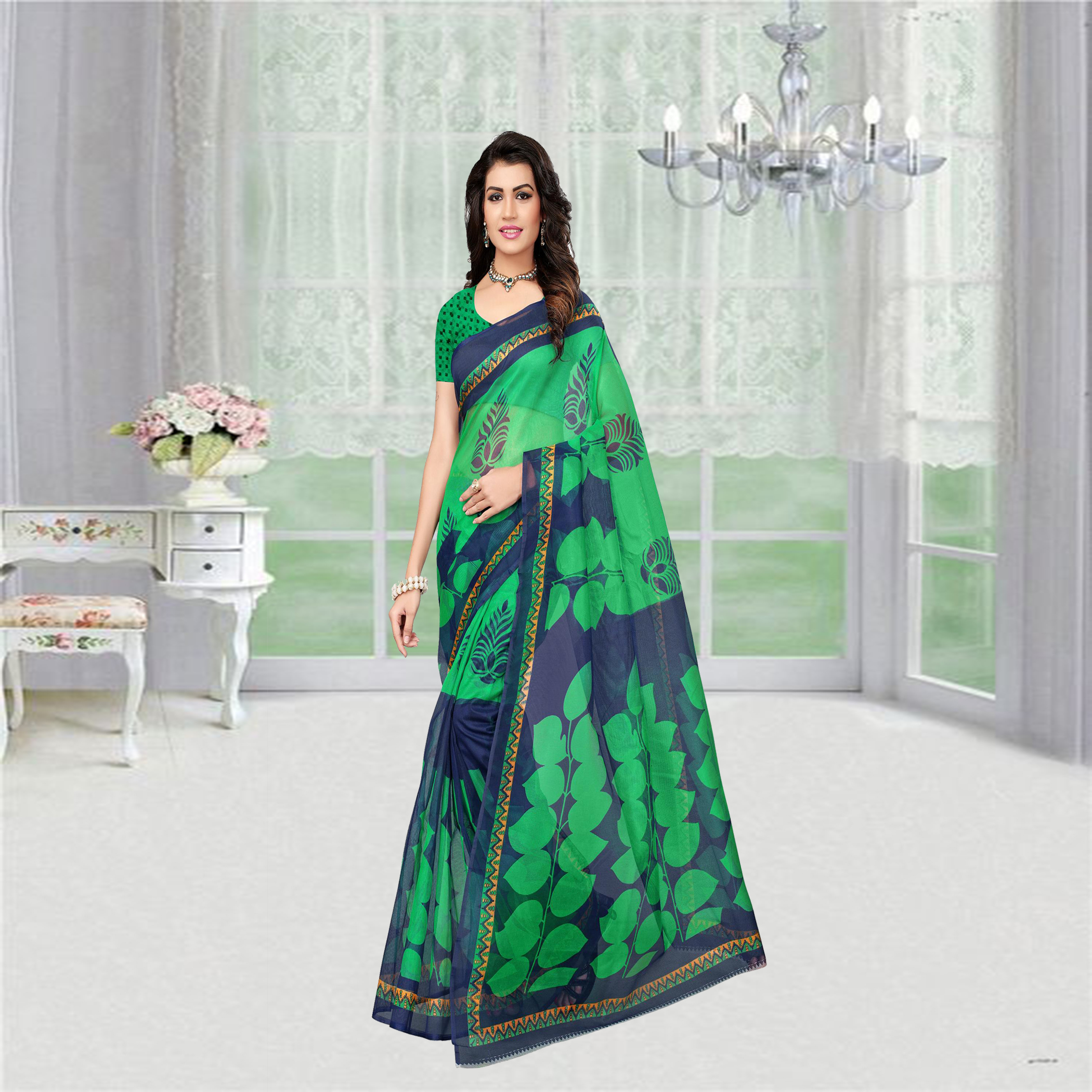 Green And Blue Printed Super Net Saree