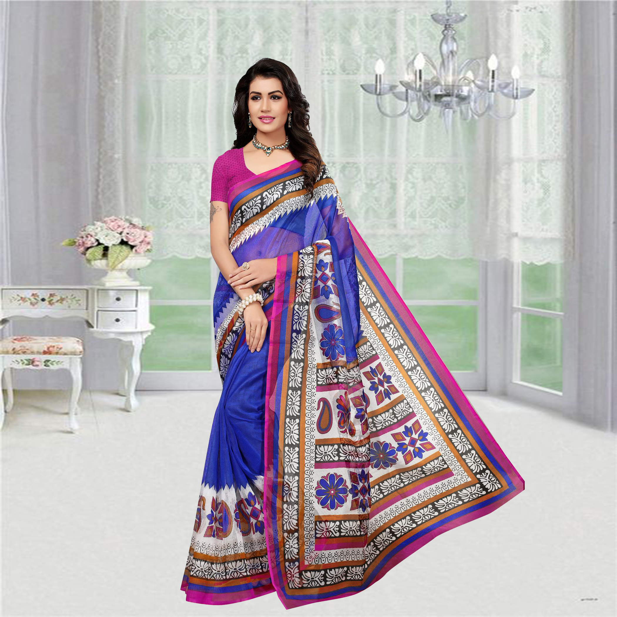 Green And Blue Printed Super Net Saree