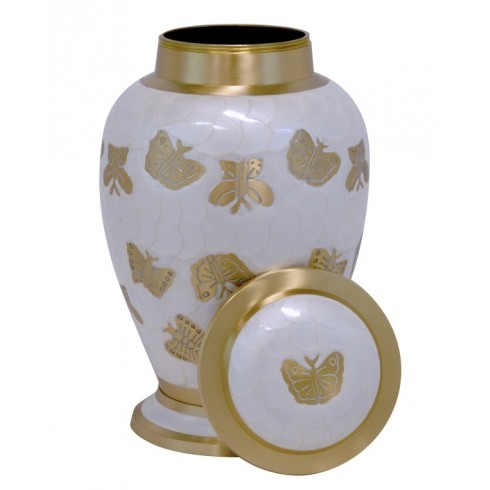 Cashmere White Butterfly Urn - 11.5" Tall X 6.5" Wide | Genuine Brass, Elegant Fluttering Butterfly Design, Personalization Option Available