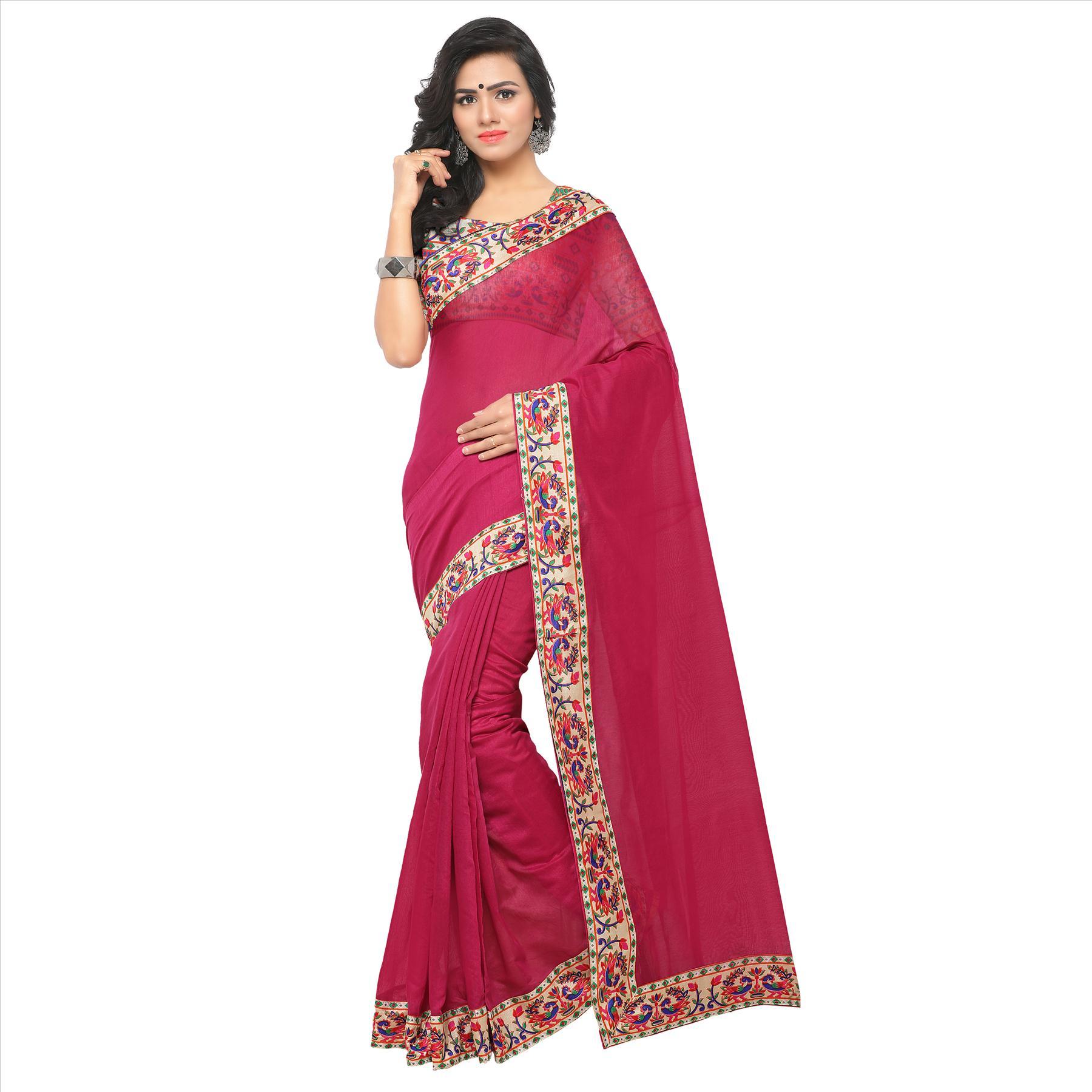 Chanderi Lace Border Saree - 5.5 Mtr Length, Silk Material, Pink And Yellow Colors | Plain Pattern, Perfect For All Seasons
