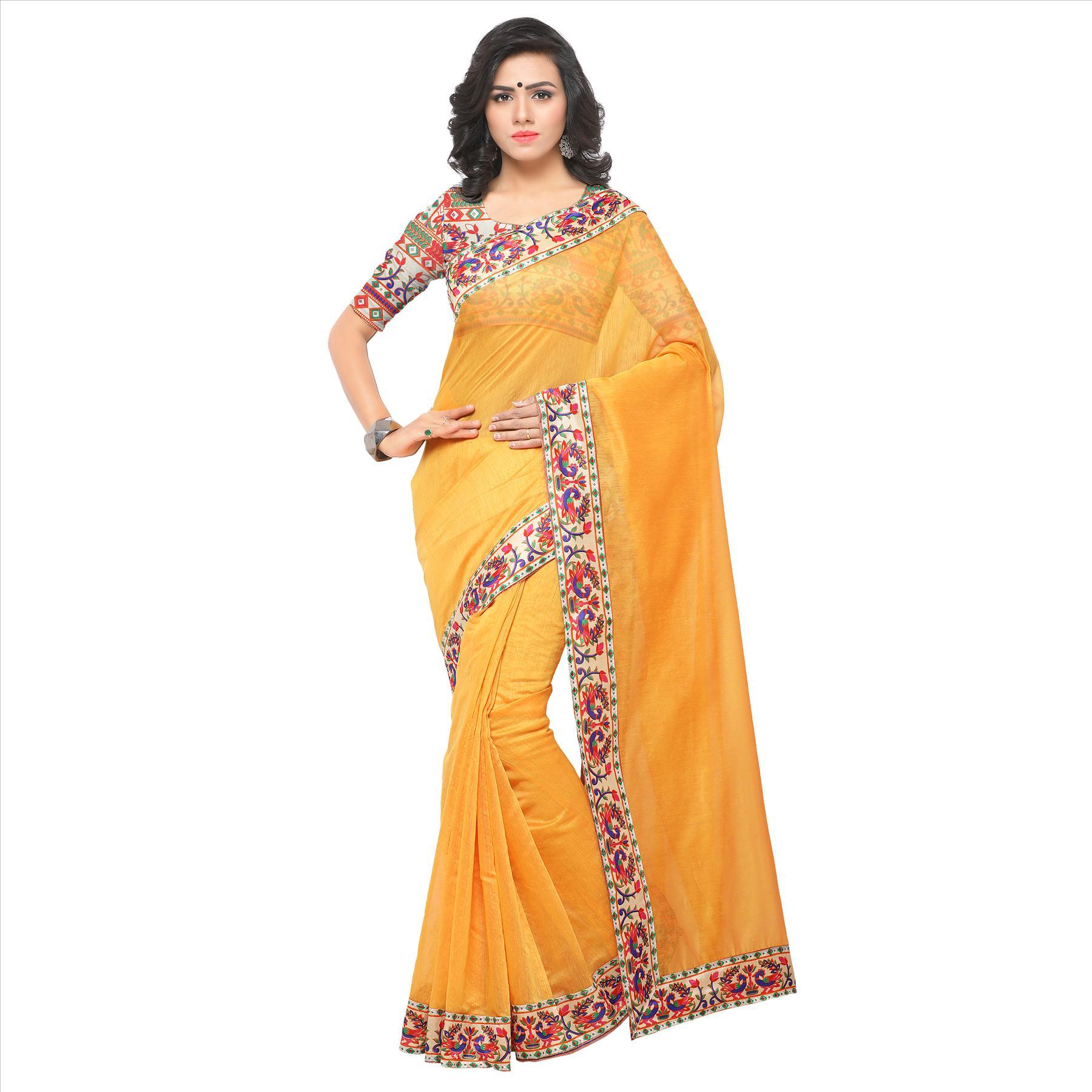 Chanderi Lace Border Saree - 5.5 Mtr Length, Silk Material, Pink And Yellow Colors | Plain Pattern, Perfect For All Seasons