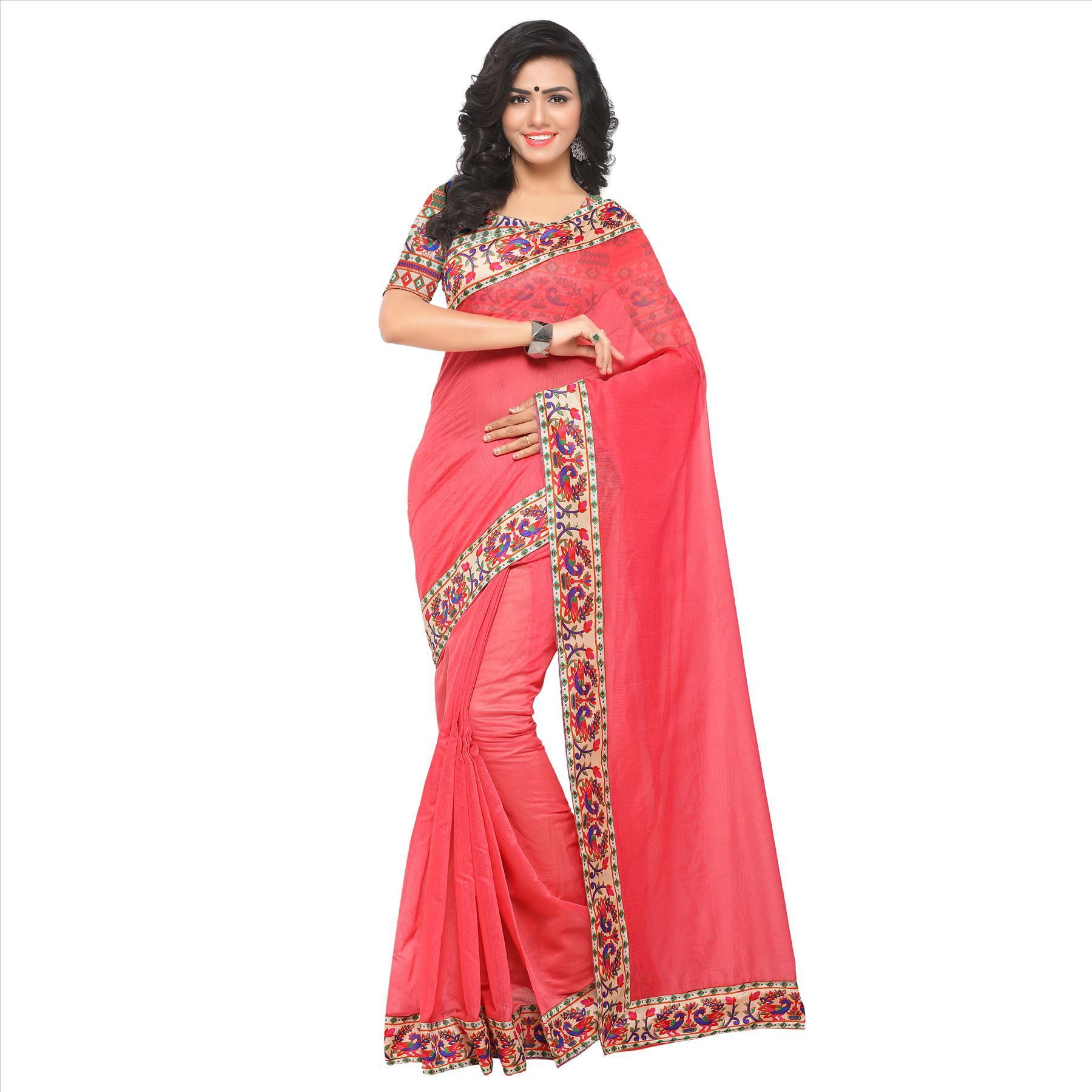 Chanderi Lace Border Saree - 5.5 Mtr Length, Silk Material, Pink And Yellow Colors | Plain Pattern, Perfect For All Seasons