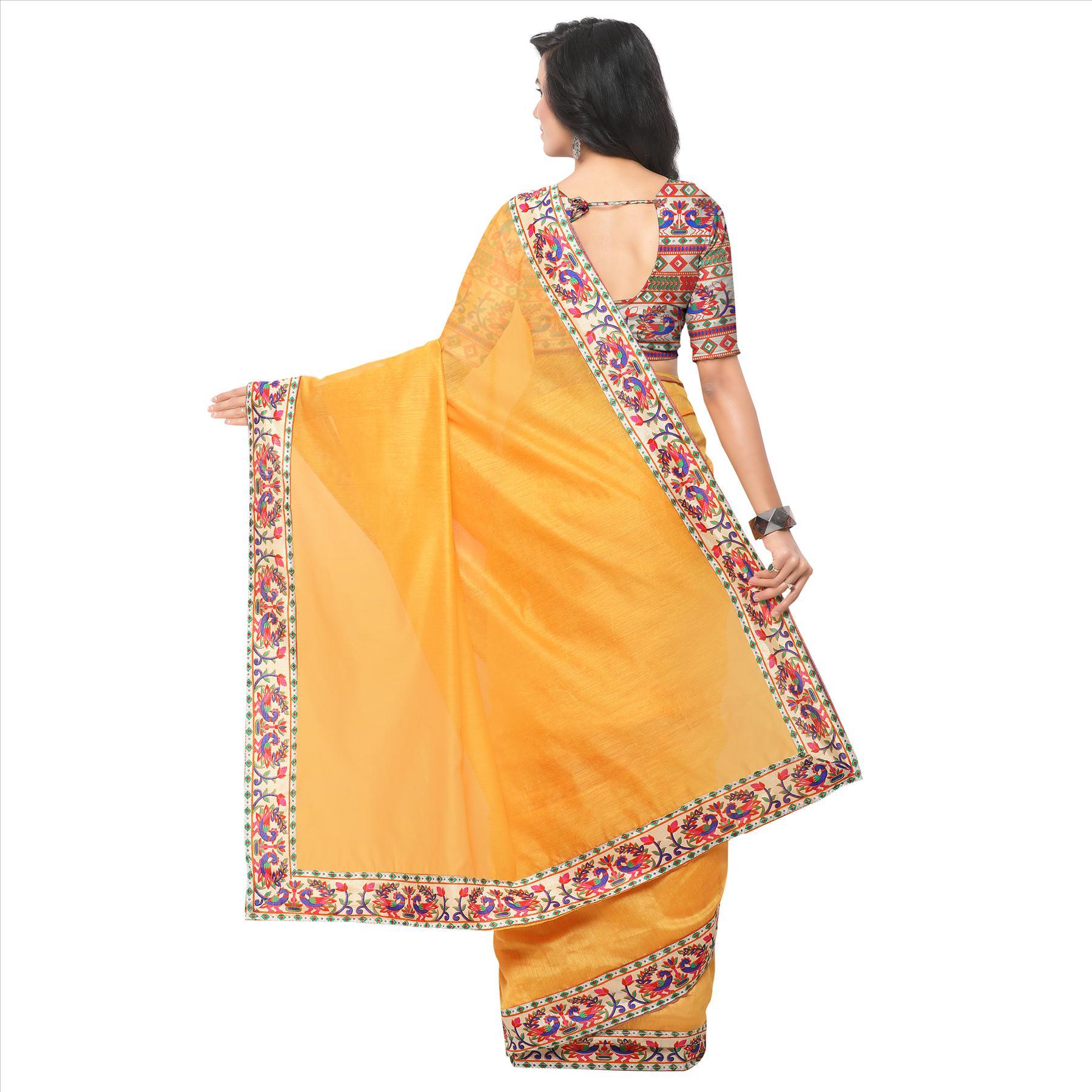 Chanderi Saree - Art Silk, 5.5 Mtr Length, 0.8 Mtr Blouse | Printed Design In Red, Orange, Blue