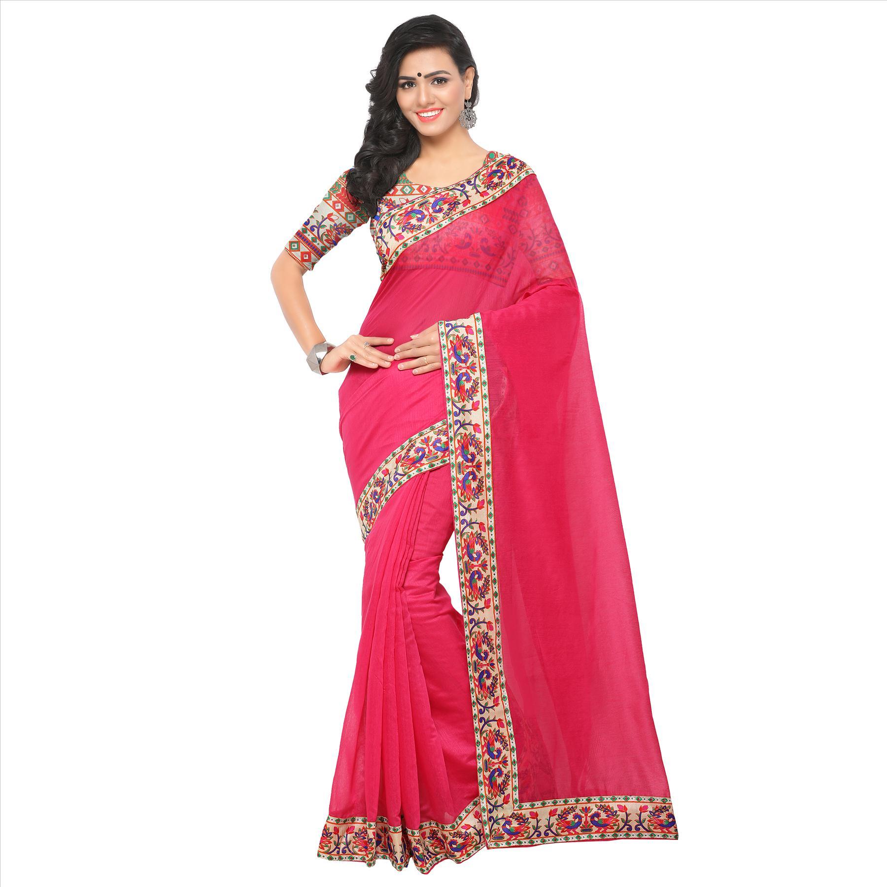 Chanderi Saree - Art Silk, 5.5 Mtr Length, 0.8 Mtr Blouse | Printed Design In Red, Orange, Blue