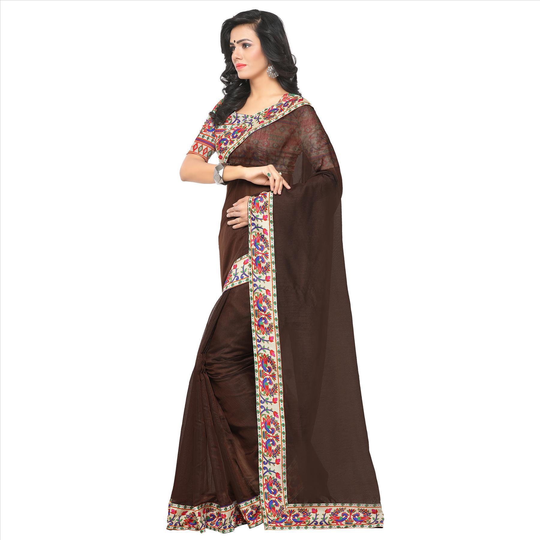 Chanderi Saree - Art Silk, 5.5 Mtr Length, 0.8 Mtr Blouse | Printed Design In Red, Orange, Blue