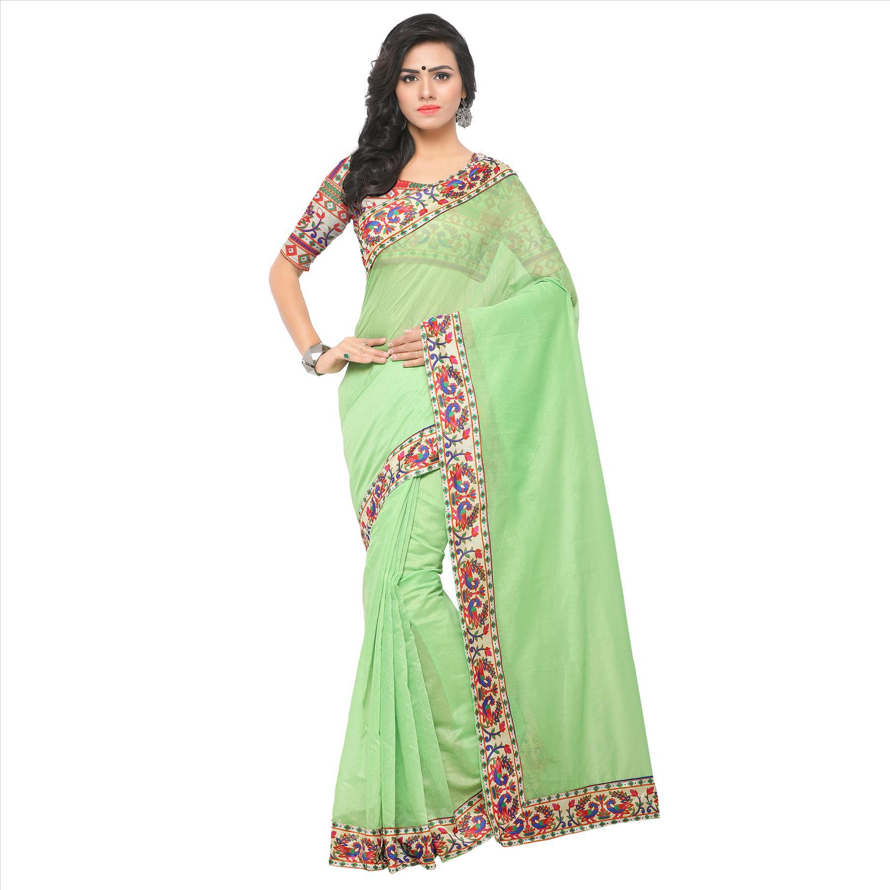 Chanderi Saree - Art Silk, 5.5 Mtr Length, 0.8 Mtr Blouse | Printed Design In Red, Orange, Blue