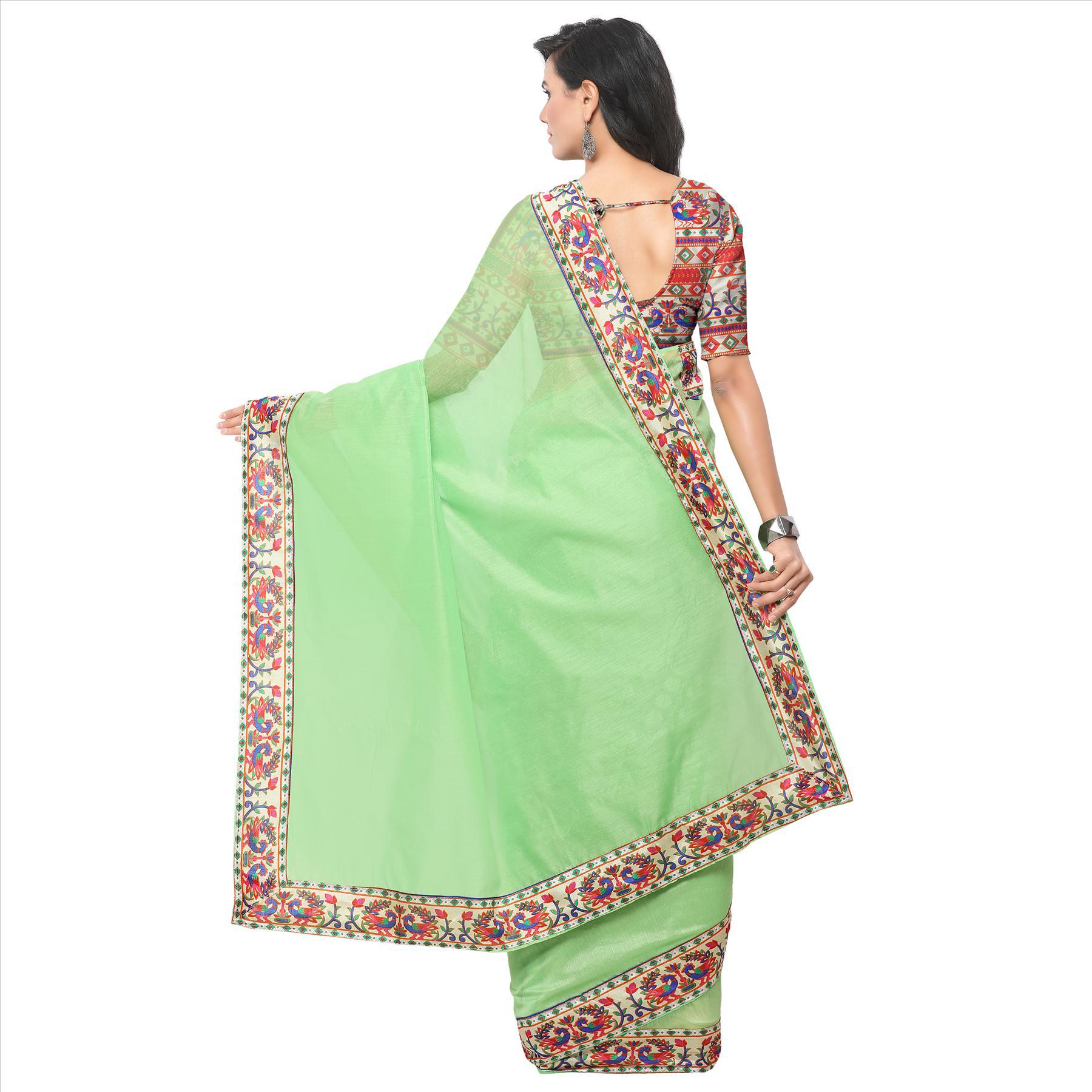Chanderi Saree - Art Silk, 5.5 Mtr Length, 0.8 Mtr Blouse | Printed Design In Red, Orange, Blue
