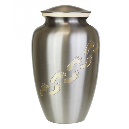 Footprints Brass Ash Urn - 10 1/2" Tall & 6 1/2" Wide | Weather Resistant, Engraved Golden Footprints, Niche Friendly