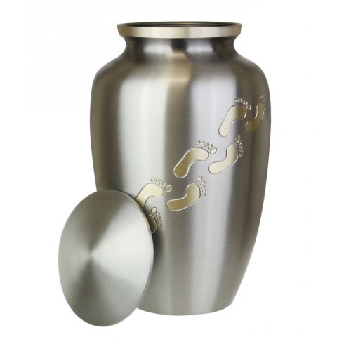 Footprints Brass Ash Urn - 10 1/2" Tall & 6 1/2" Wide | Weather Resistant, Engraved Golden Footprints, Niche Friendly