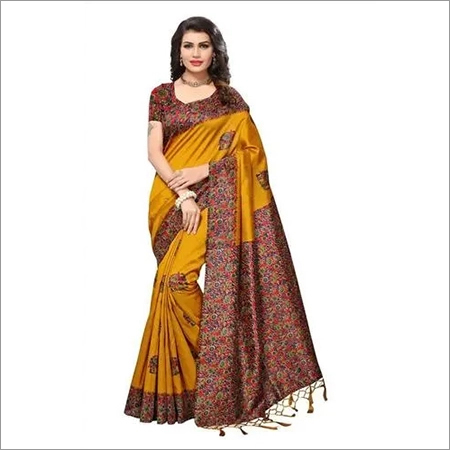 New Fancy Indian Silk Sarees - Art Silk, 5.5 Mtr Length, Blouse 0.8 Mtr | Printed Pattern, Available in Blue, Red, Orange, Navy Blue