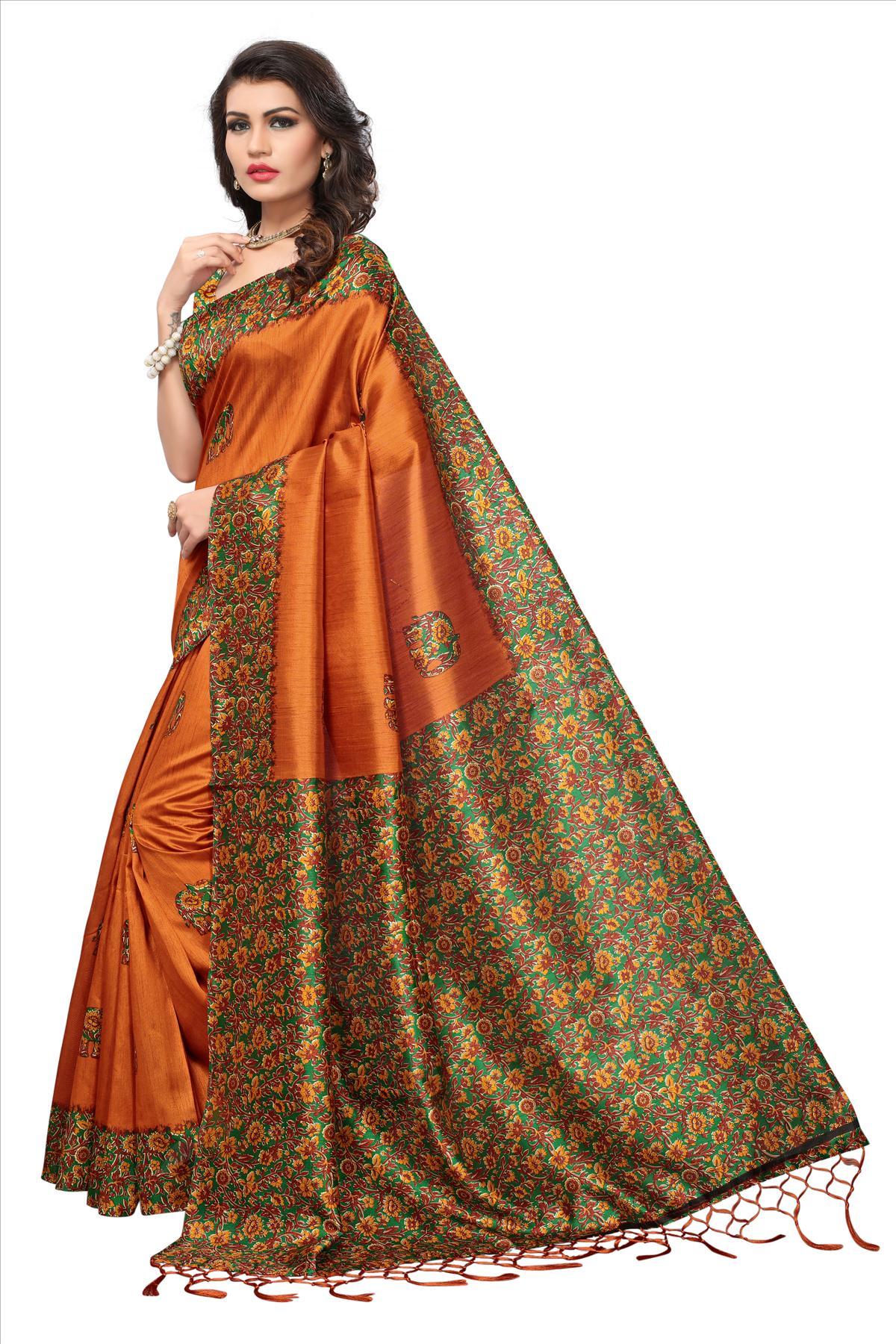 New Fancy Indian Silk Sarees - Art Silk, 5.5 Mtr Length, Blouse 0.8 Mtr | Printed Pattern, Available In Blue, Red, Orange, Navy Blue