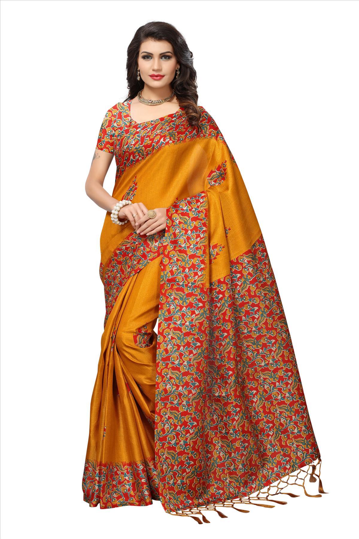 New Fancy Indian Silk Sarees - Art Silk, 5.5 Mtr Length, Blouse 0.8 Mtr | Printed Pattern, Available In Blue, Red, Orange, Navy Blue