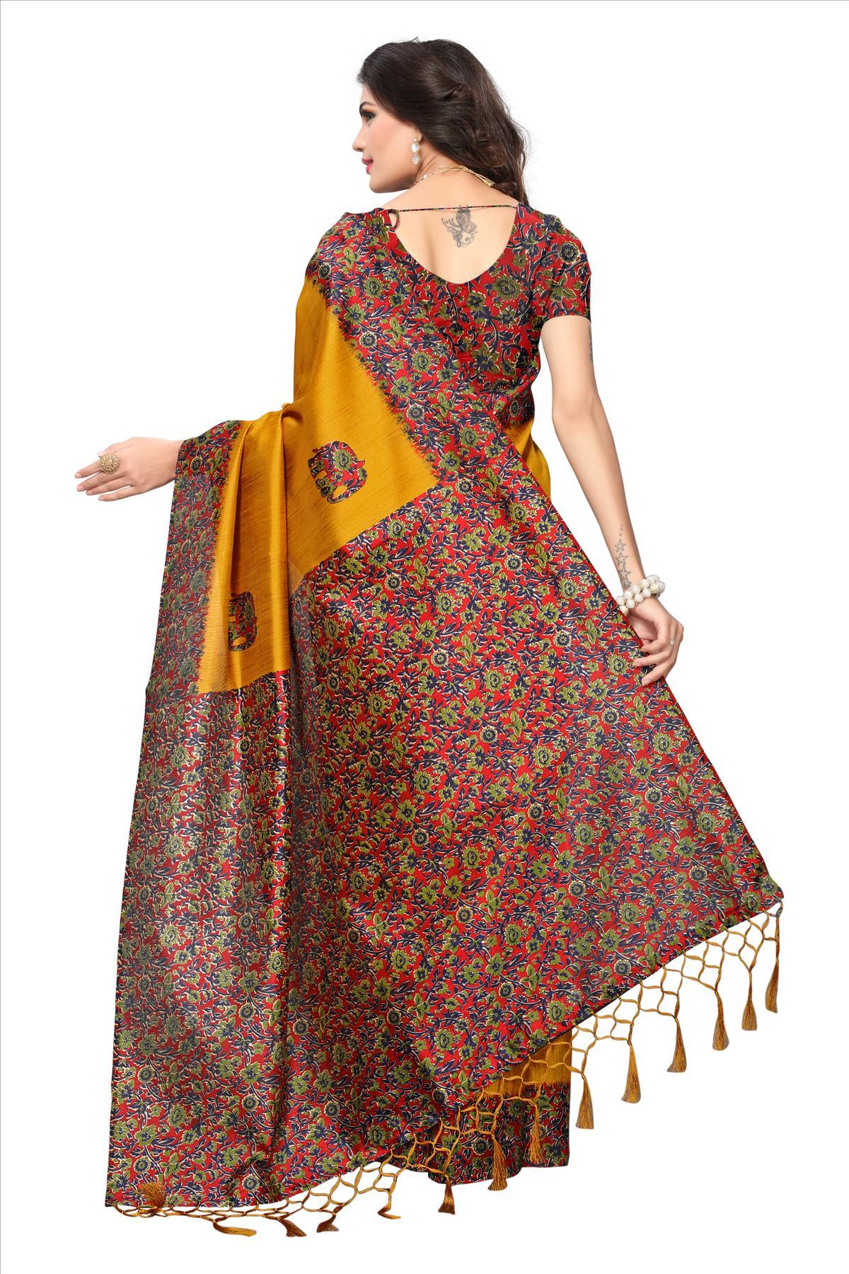 New Fancy Indian Silk Sarees - Art Silk, 5.5 Mtr Length, Blouse 0.8 Mtr | Printed Pattern, Available In Blue, Red, Orange, Navy Blue