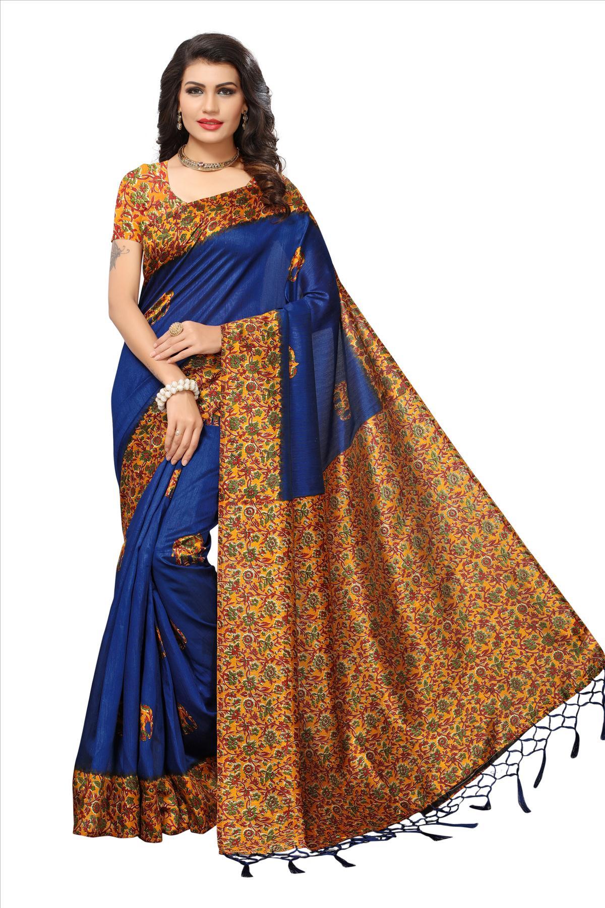 New Fancy Indian Silk Sarees - Art Silk, 5.5 Mtr Length, Blouse 0.8 Mtr | Printed Pattern, Available In Blue, Red, Orange, Navy Blue
