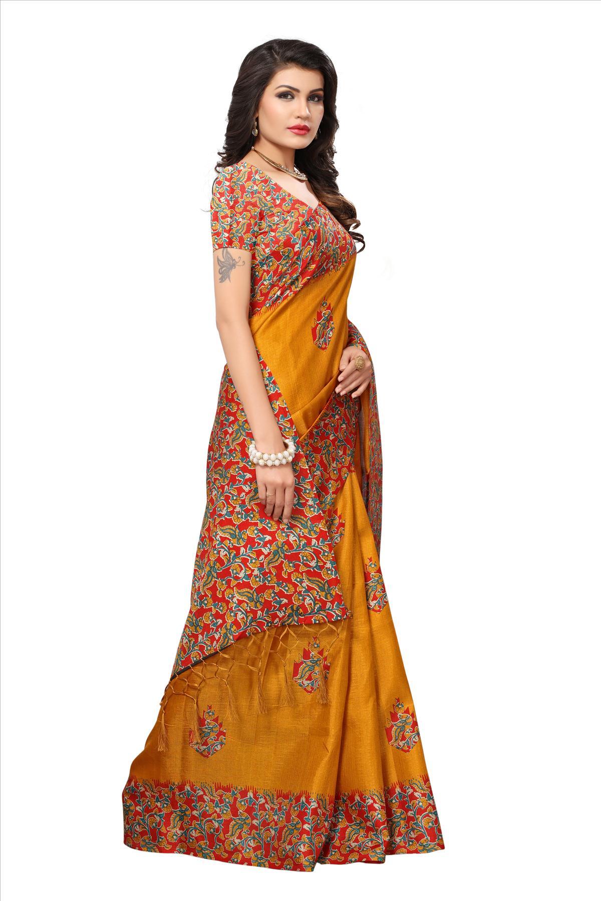 New Fancy Indian Silk Sarees - Art Silk, 5.5 Mtr Length, Blouse 0.8 Mtr | Printed Pattern, Available In Blue, Red, Orange, Navy Blue