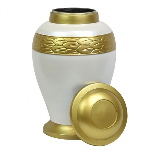 Always Satin Feather Brass Urn - 10 1/2" Tall, 220 Cubic Inches | Handcrafted Genuine Brass, Decorative Black Velvet Bag Option