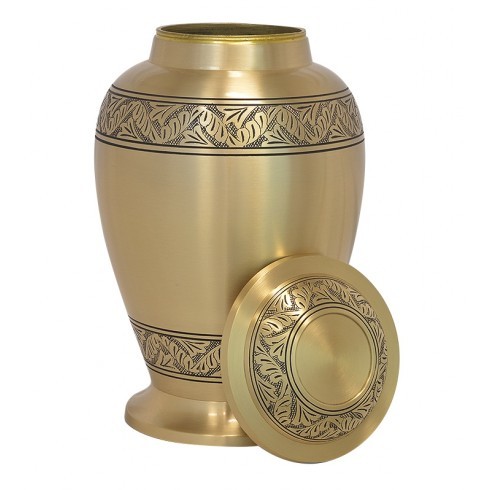 Always Satin Feather Brass Urn - 10 1/2" Tall, 220 Cubic Inches | Handcrafted Genuine Brass, Decorative Black Velvet Bag Option