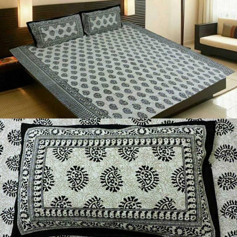 Decorative Floral Bed Cover - Cotton Double Bed Sheet Set | King Size, Bright Pink Color With Traditional Sanganeri Print, 2 Matching Pillow Covers
