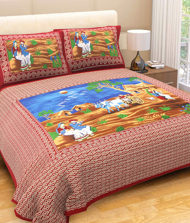Scenery Bed Cover - Cotton, King Size 2286 X 2743.2 Mm, Multi-color, 280 Thread Count | Traditional Hand-block Motif Print, 2 Pillow Covers