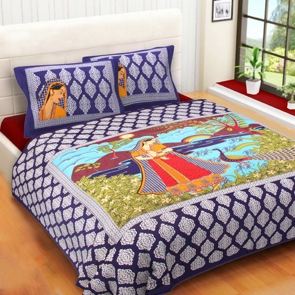 Scenery Bed Cover - Cotton, King Size 2286 X 2743.2 Mm, Multi-color, 280 Thread Count | Traditional Hand-block Motif Print, 2 Pillow Covers