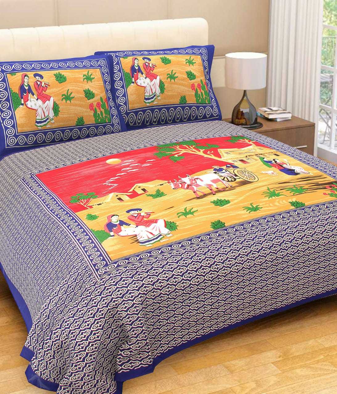 Scenery Bed Cover - Cotton, King Size 2286 X 2743.2 Mm, Multi-color, 280 Thread Count | Traditional Hand-block Motif Print, 2 Pillow Covers