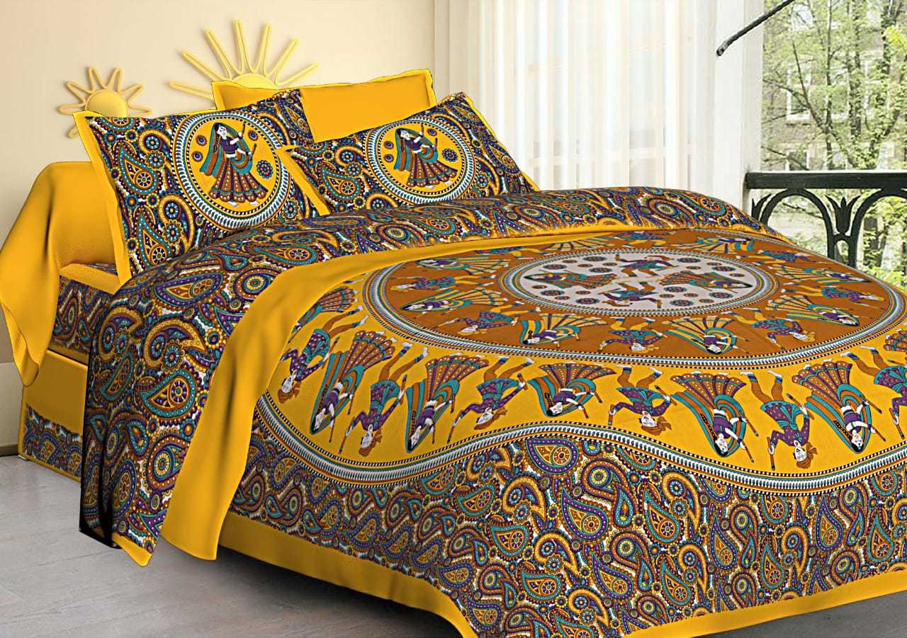 Scenery Bed Cover - Cotton, King Size 2286 X 2743.2 Mm, Multi-color, 280 Thread Count | Traditional Hand-block Motif Print, 2 Pillow Covers