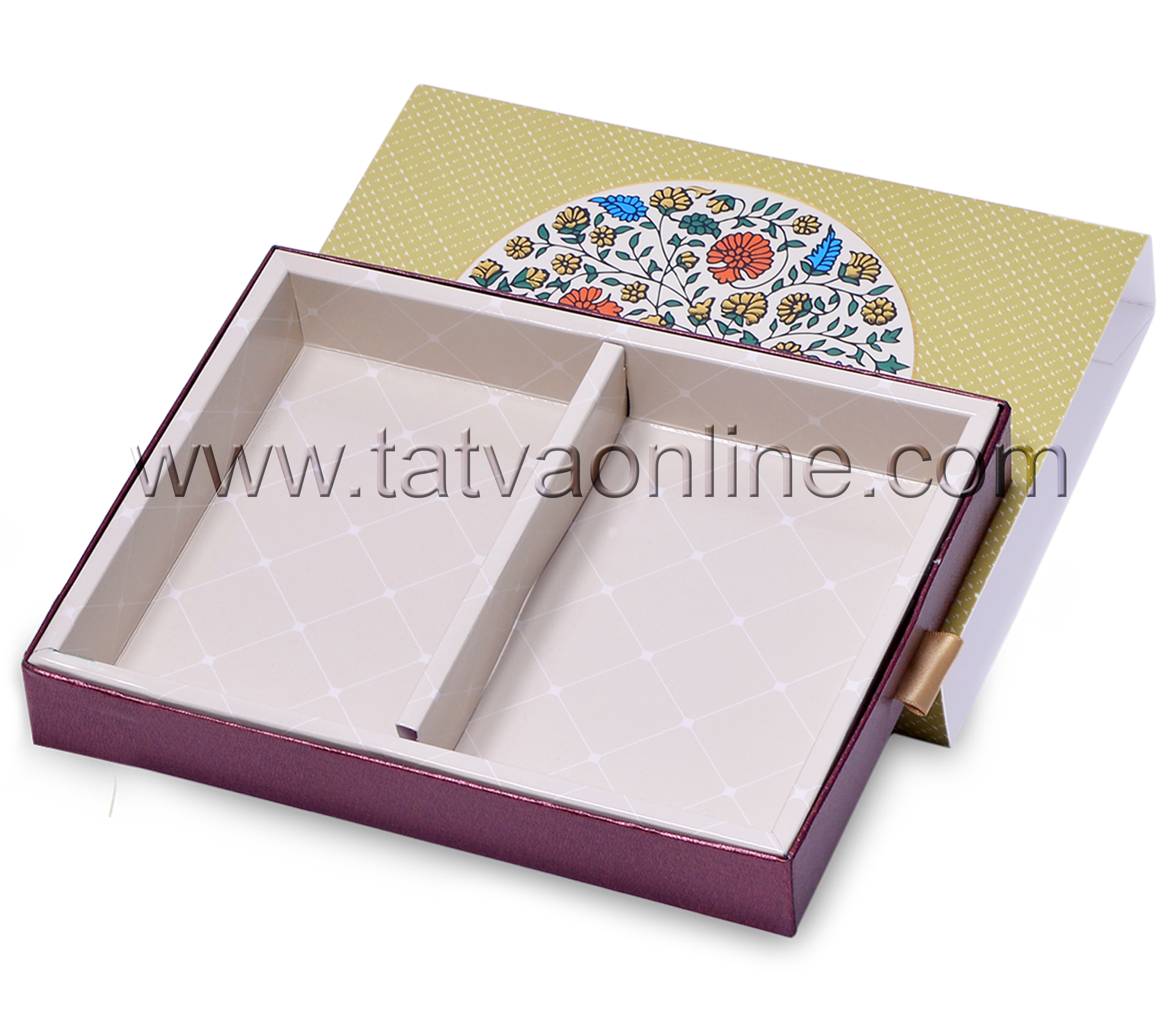 Small Sleeve Box - Paper Board 2-6 Inch Size | Light Olive Color With Ethnic Design Rigid Structure 2 Partitions For Flexibility