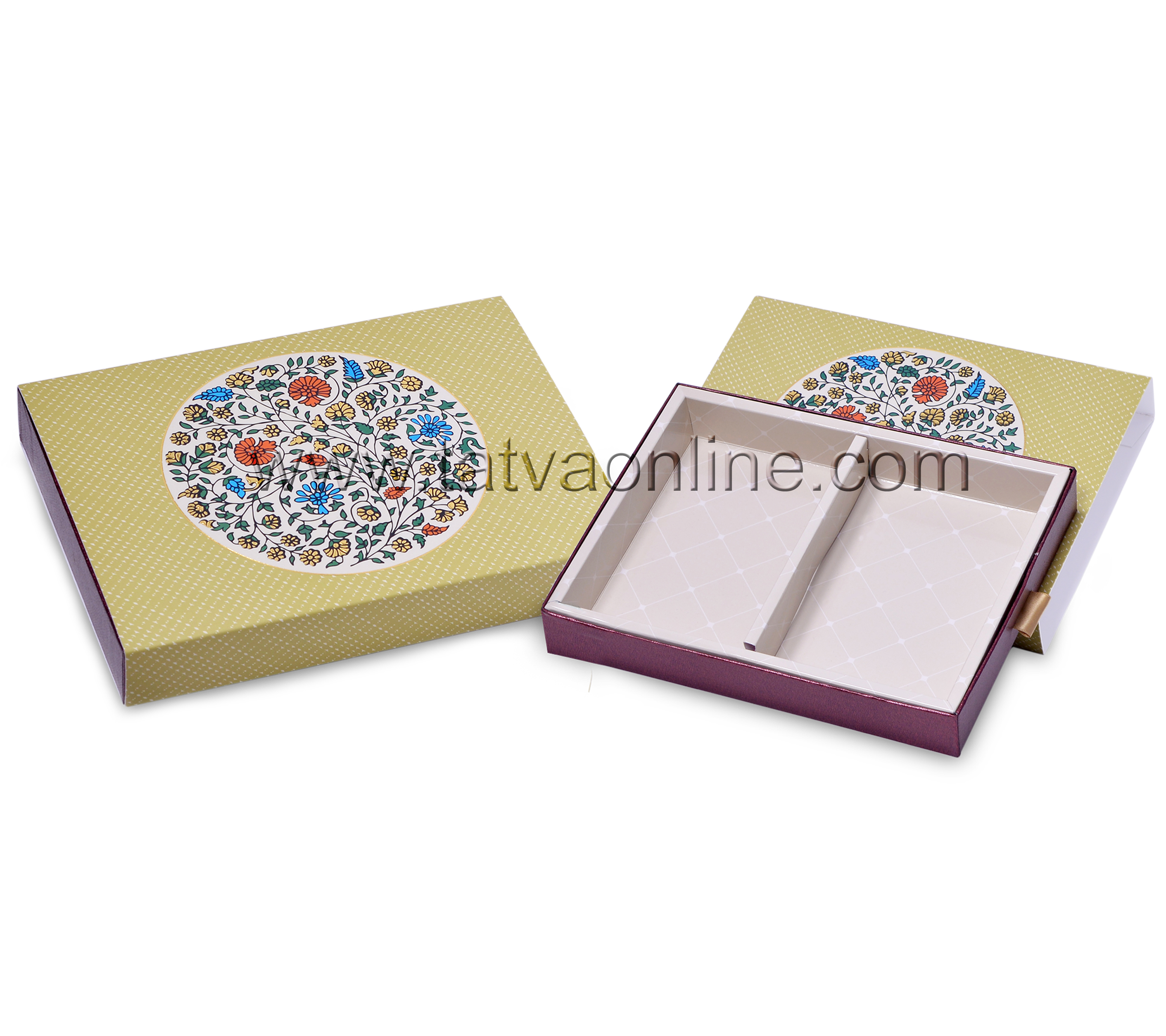 Small Sleeve Box - Paper Board 2-6 Inch Size | Light Olive Color With Ethnic Design Rigid Structure 2 Partitions For Flexibility