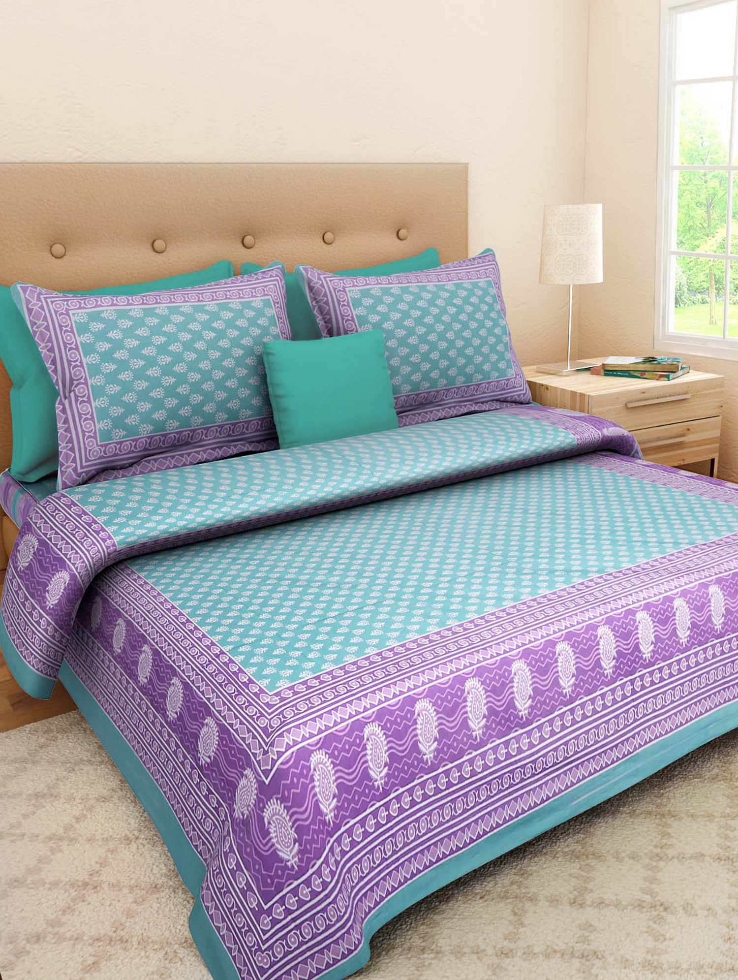 Decorative Cotton Bedspread - 100% Cotton, King Size 2286 X 2743.2 Mm, Multi Color, 240 Thread Count, Includes 2 Pillow Covers, Washable, Fluffy, Hand-block Printed Design